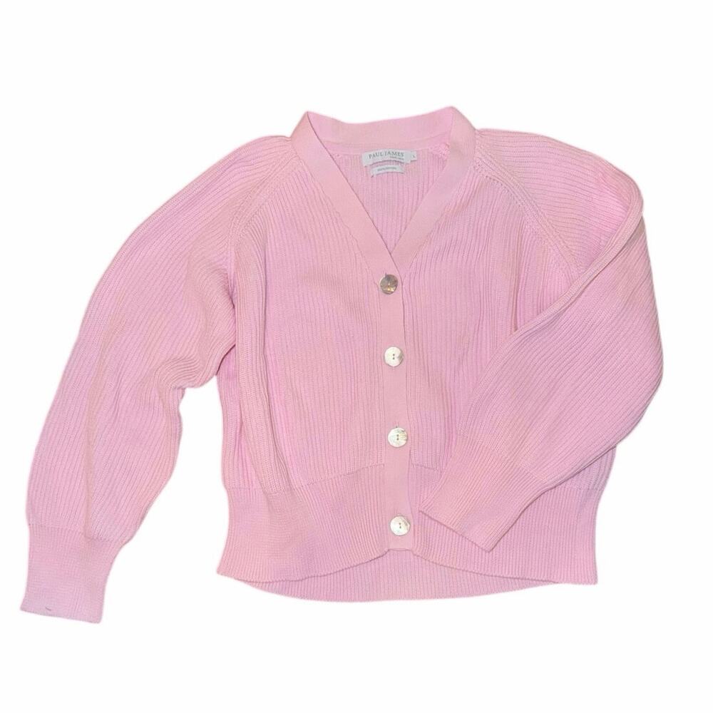 Vintage Paul James 100% cotton pink button front ribbed knit cardigan sweater L